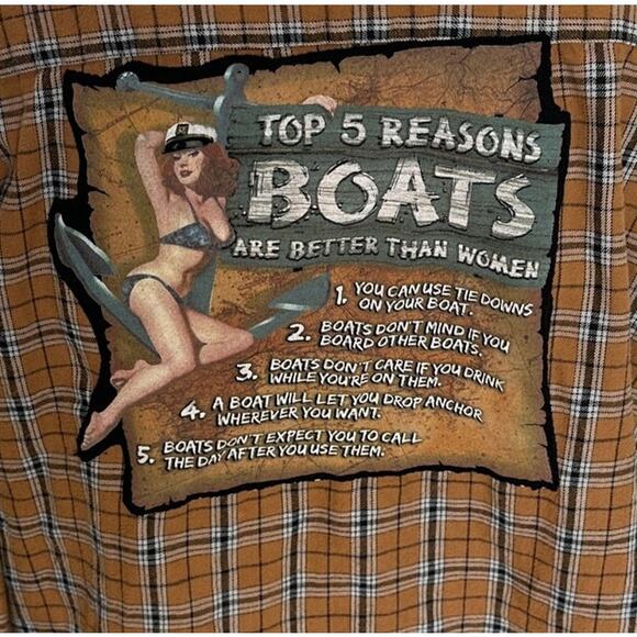 Boating Plaid Flannel Shirt XL Oversized 5 Reasons Boats are Better than Women - Picture 2 of 6